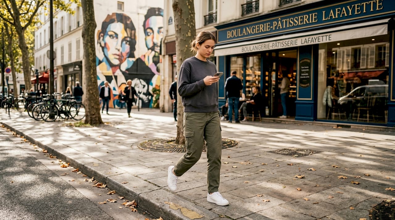 Une jeune femme au look streetwear déambule dans les rues de la ville.