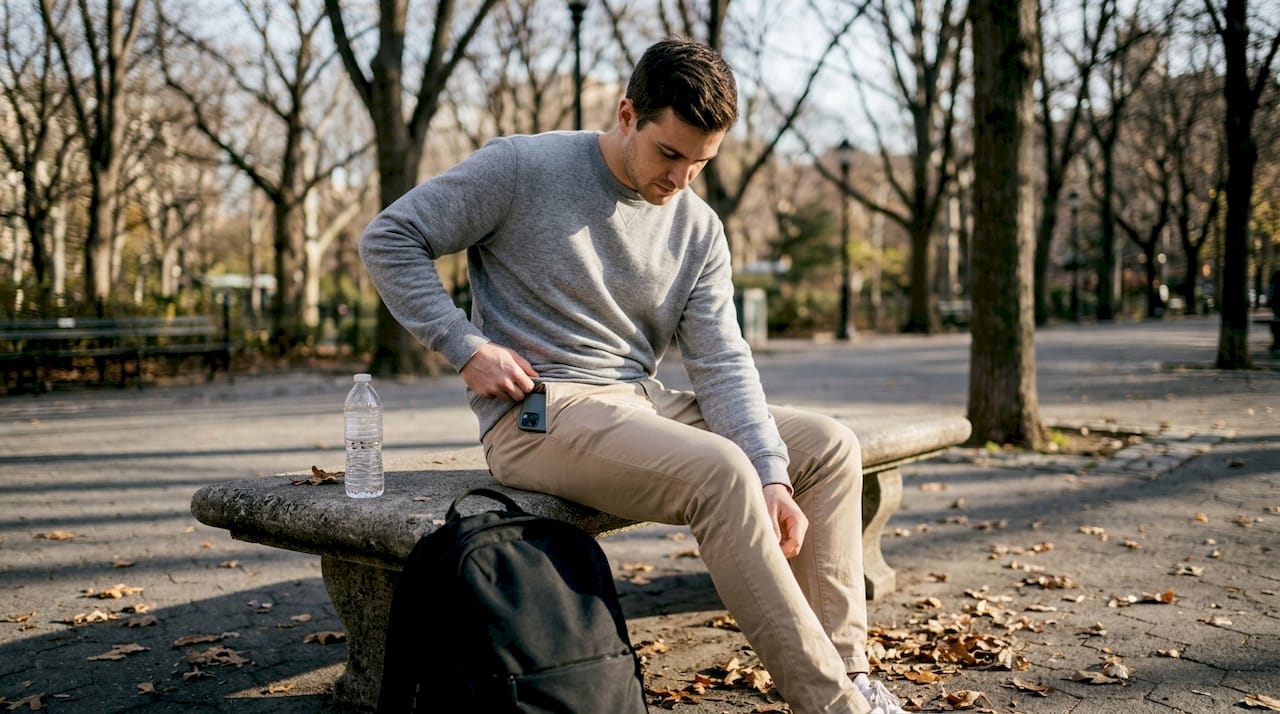 Un jeune homme assis sur un banc prend soin d’ajuster sa tenue streetwear aux tons sobres.