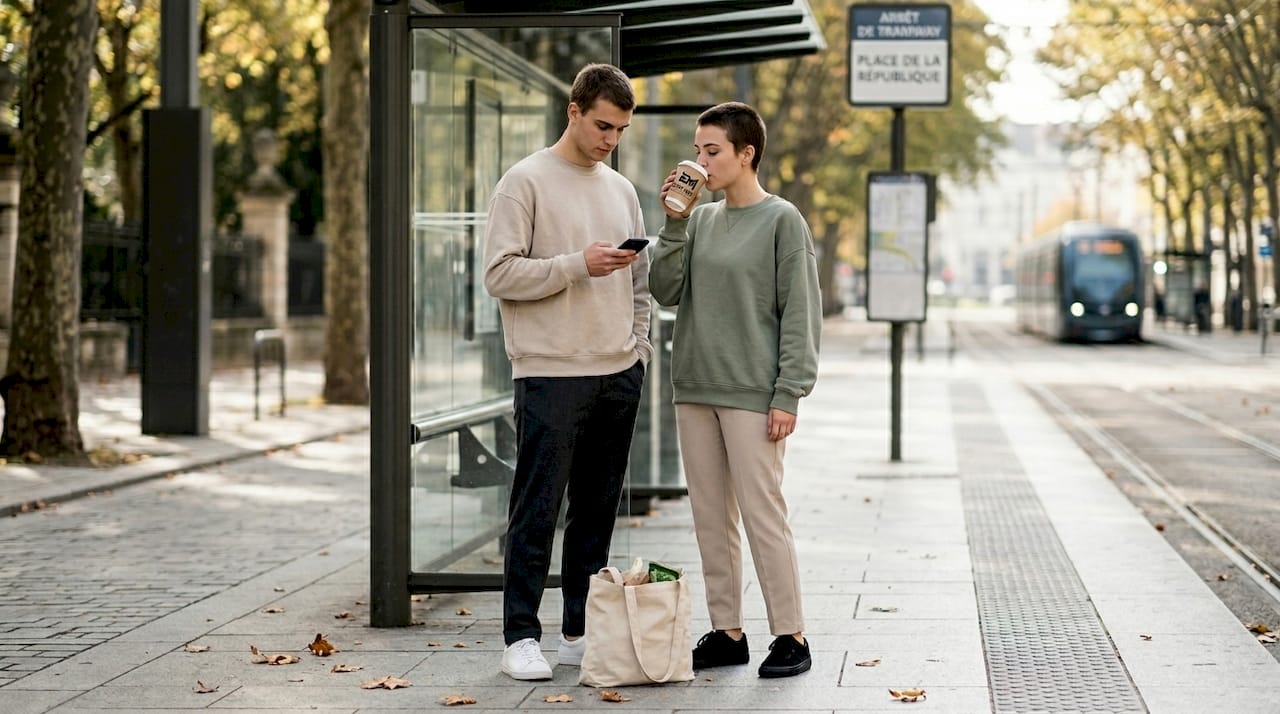 Des jeunes adultes au look épuré attendent le tram, vêtus de streetwear minimaliste.