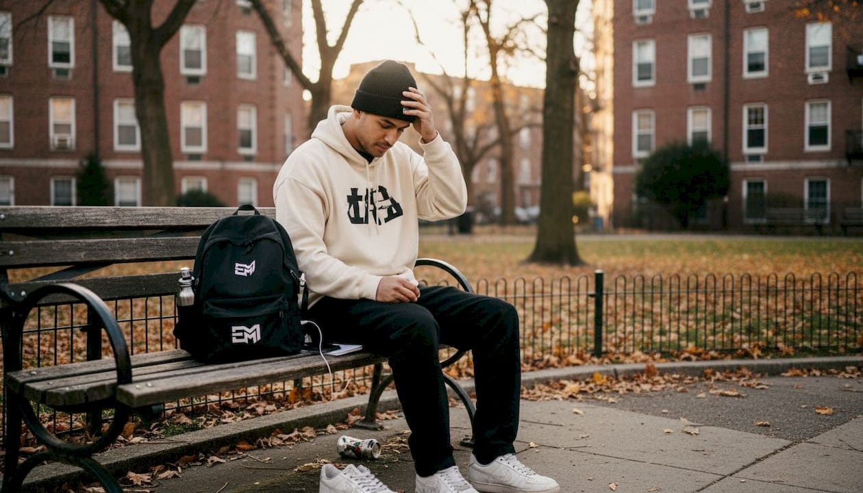 Un jeune, assis sur un banc en ville, ajuste sa casquette stylée.